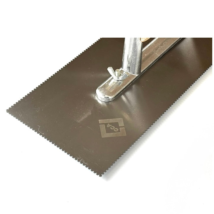 CCA A2 V-notch trowel with wooden handle for even LVT adhesive spreading