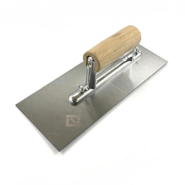 CCA A2 V-notch trowel with wooden handle for even LVT adhesive spreading