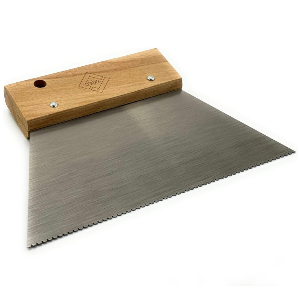 CCA - A2 Adhesive Fan Trowel Hand Spreader with Wooden Handle. for Combing in Pressure Sensitive Adhesive Beads evenly, Fitting LVT Flooring for The Perfect fit. 18cm, V Notch