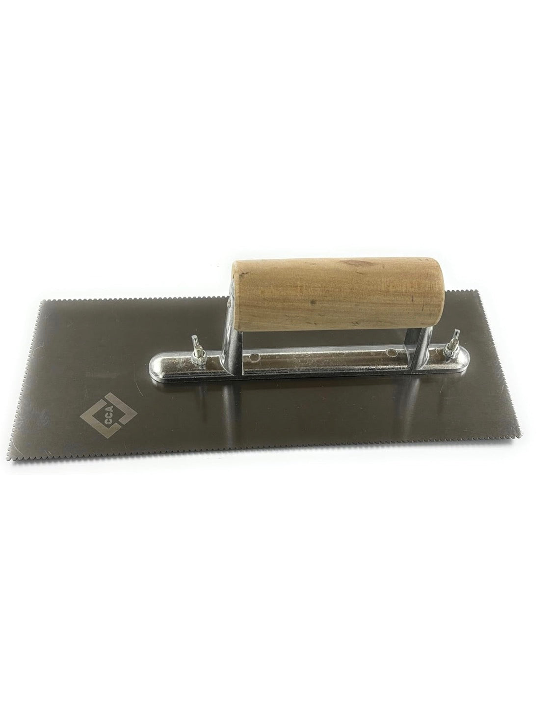 CCA A2 V-notch trowel with wooden handle for even LVT adhesive spreading. | Tempered steel with four-sided at 1mm x 3mm notches for even pressure-sensitive adhesive spreading.