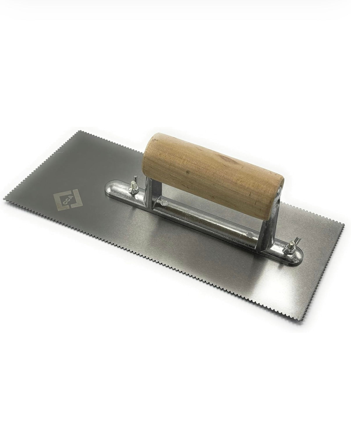 CCA A2 V-notch trowel with wooden handle for even LVT adhesive spreading. | Tempered steel with four-sided at 1mm x 3mm notches for even pressure-sensitive adhesive spreading.