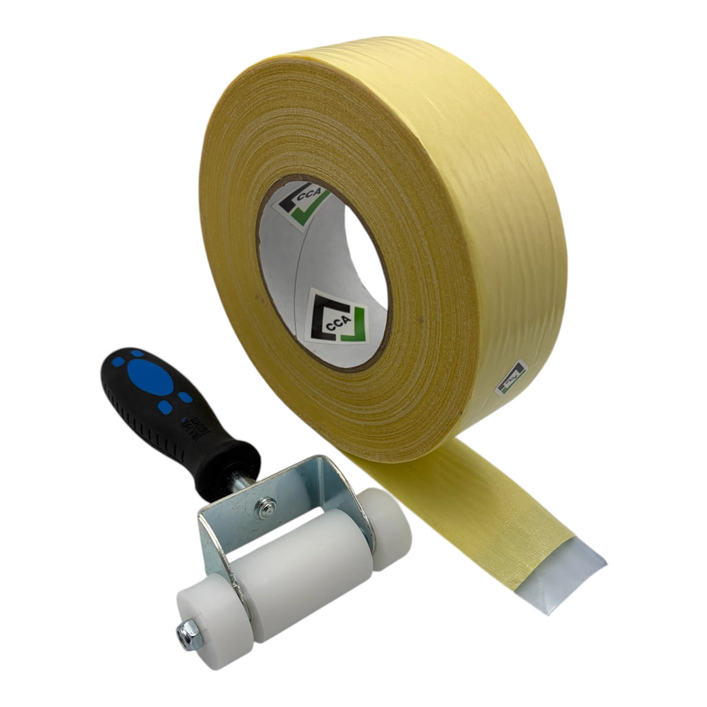 CCA Double-sided Anti-plasticiser cloth tape.50 mtr roll x 48mm, and Hand Roller bundle