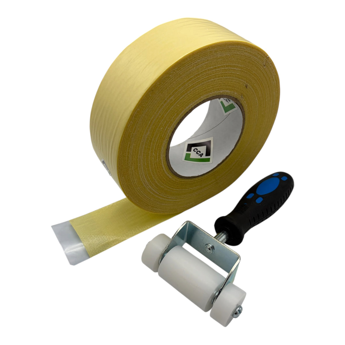CCA Double-sided Anti-plasticiser cloth tape.50 mtr roll x 48mm, and Hand Roller bundle