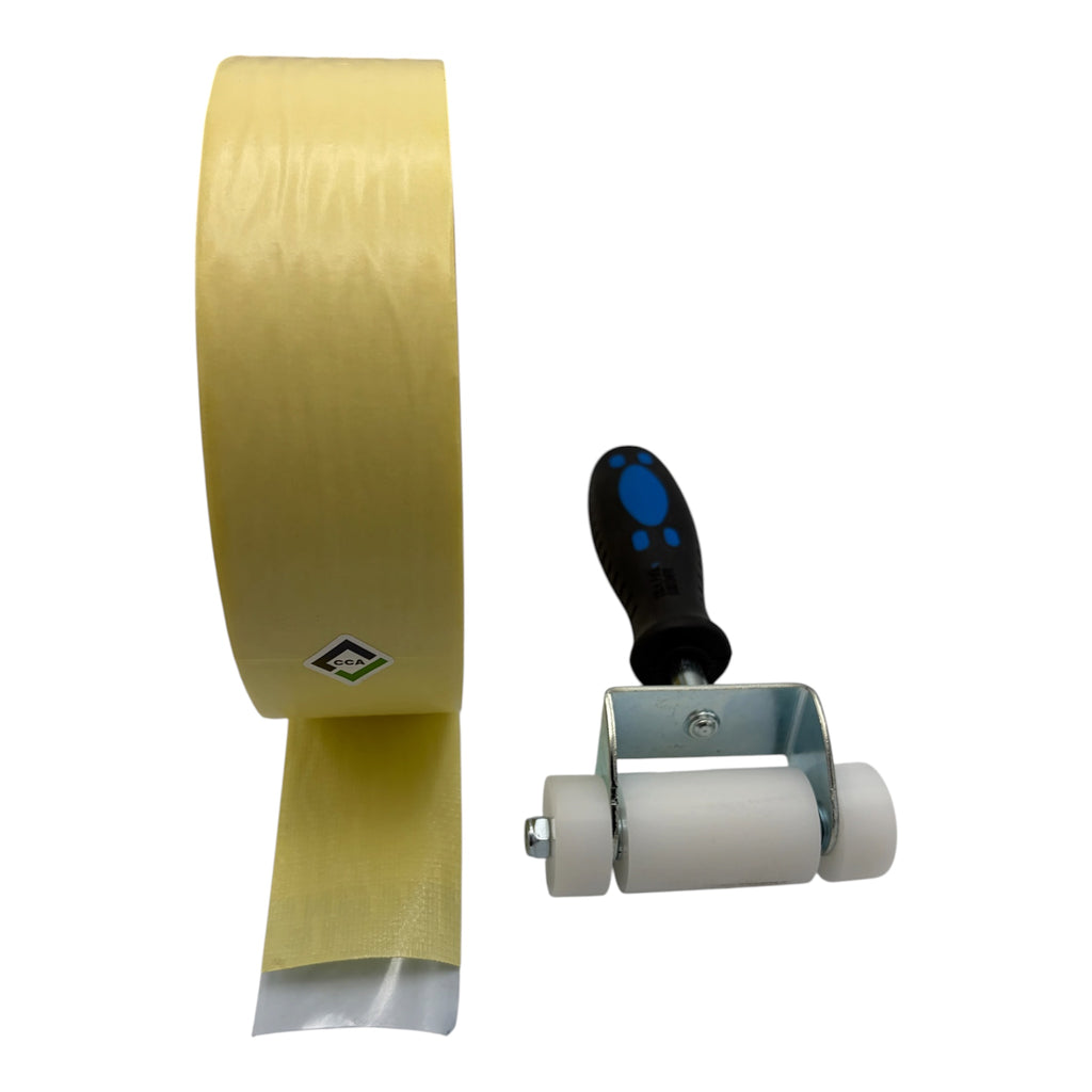 CCA Double-sided Anti-plasticiser cloth tape.50 mtr roll x 48mm, and Hand Roller bundle