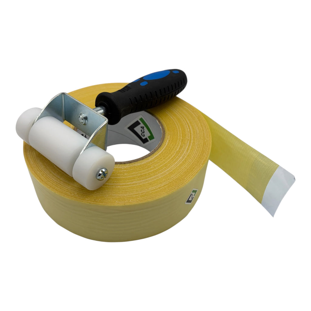 CCA Double-sided Anti-plasticiser cloth tape.50 mtr roll x 48mm, and Hand Roller bundle