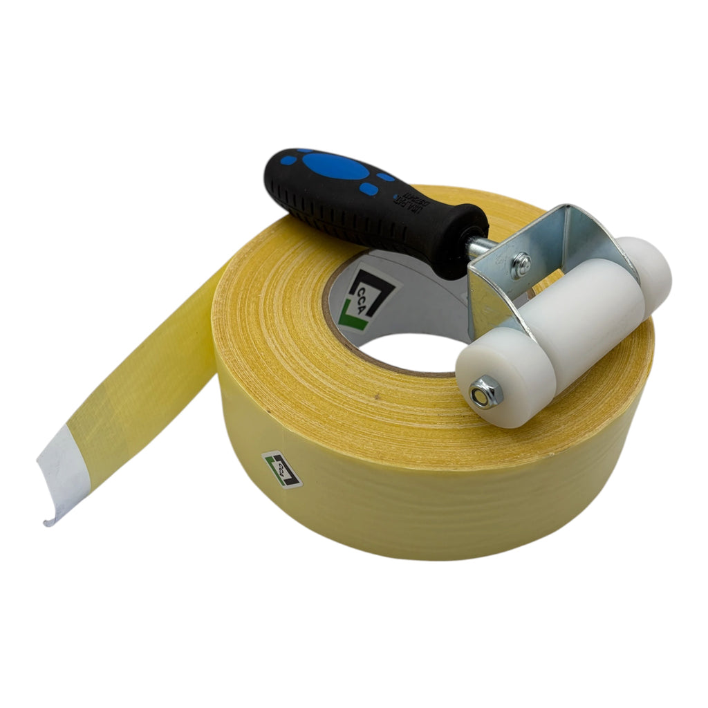 CCA Double-sided Anti-plasticiser cloth tape.50 mtr roll x 48mm, and Hand Roller bundle